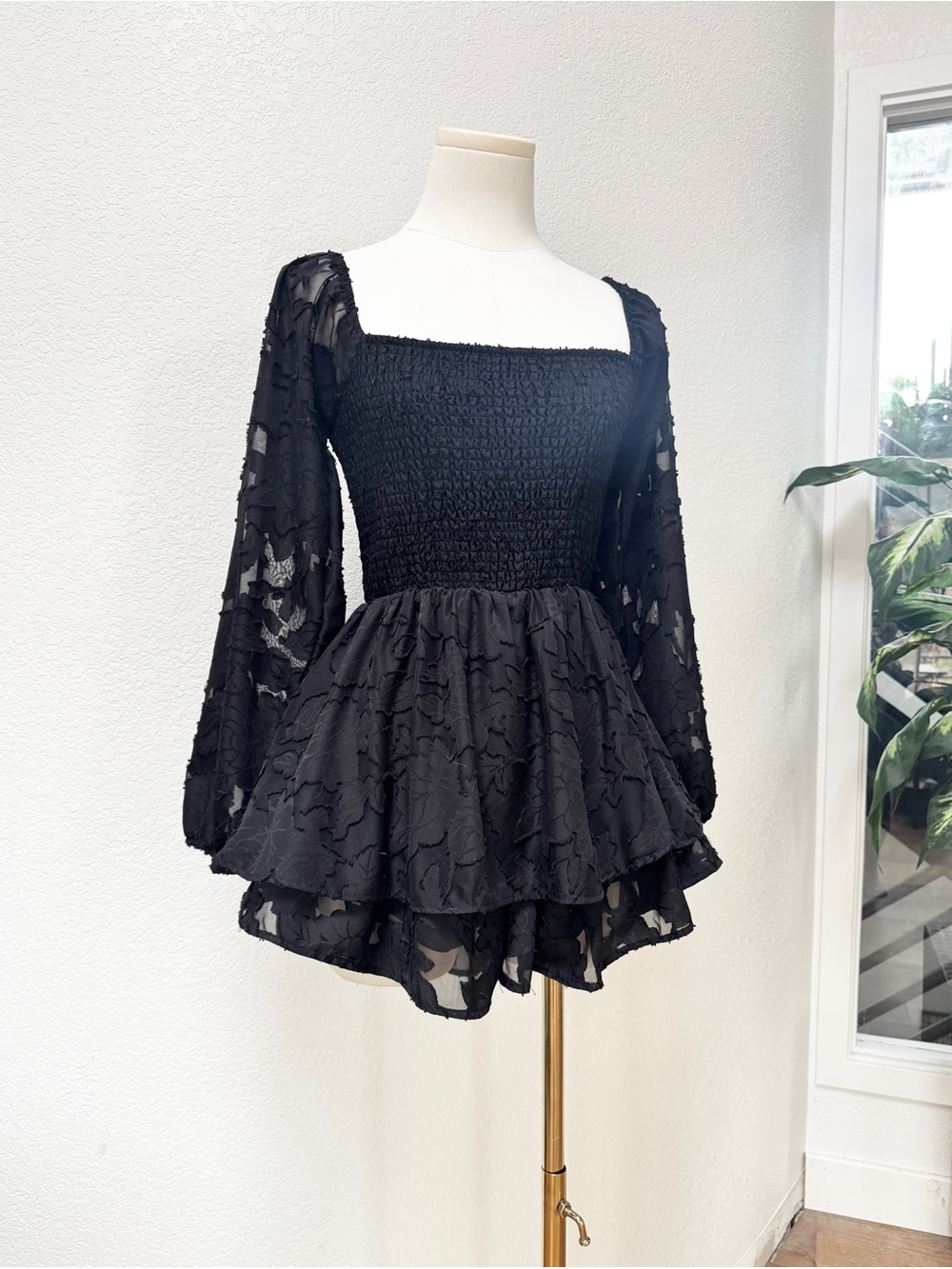 Rue21 Goth Black Smocked Sheer Lace Peplum Dromper Mini Dress Shorts Romper S